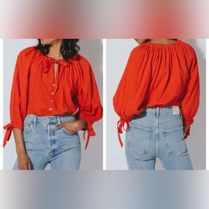 Cleobella Rylan Red Organic Cotton Coastal Preppy Tie Neck Button Up Blouse S
